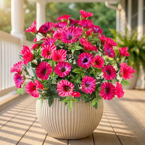 Rose Red Artificial Morning Glory Flowers for Outdoor Planters, Premium UV Resistant Silk Faux Flowers for Porch, Hanging Basket & Window Box, Summer Garden Decor, No Pot, 13.3 Inch, 4 Bundles - color: Rose Red 4pcs