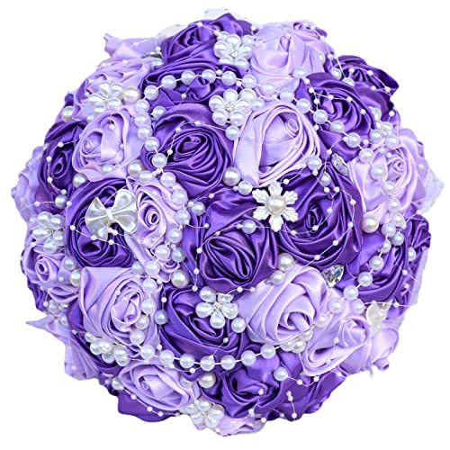 Purple Bridal Wedding Bouquet with Rhinestone Brooch Pearl Bouquet for Bride Bridesmaid Quinceanera Satin Rose Flower Bouquet Wedding Purple and Lilac 8.7in - color: Purple and Lilac (Standard Size: Dia.8.7")