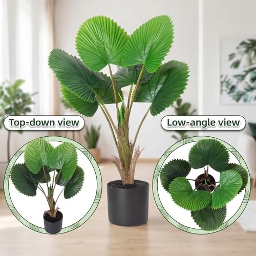 Giegxin 2 Pack Artificial Fan Palm Tree 2.36 ft Tall Fake Tree Round Leaf Fake Palm Plant with Planter, Faux Tropical Areca Floor Plant, Artificial Silk Plants for Indoor Outdoor Home Office Decor