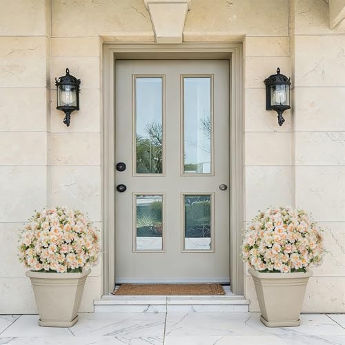 24” Artificial Flowers for Outdoors, Set of 2 UV Resistant Faux Plants in Cement Pots, Fake Floral Look Real for Front Porch, Entryway & Indoor Spring Decor - color: Artificial Flower Blush Peach
