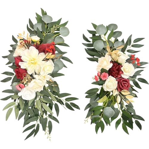 Artificial Wedding Arch Flowers (Pack of 2) White Wedding Flowers for Wedding Welcome Ceremony Sign Faux Floral Swags, Banquet and Reception Backdrop Floral Decoration (White & Red) - color: White & Red