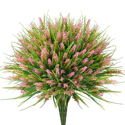 20 Bundles Artificial Plants Outdoor, UV Resistant Fake Flowers， Realistic Faux Lavender Shrubs for Porch Garden Window Box Home Decoration (Pink) - color: Pink