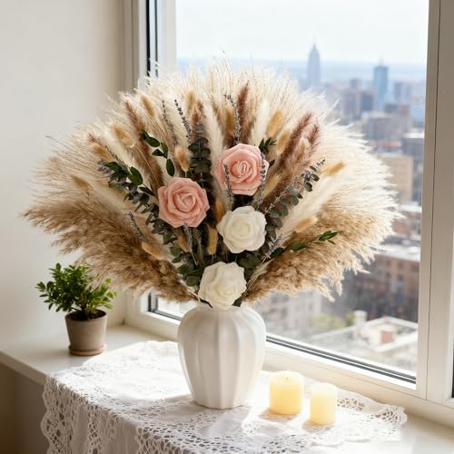 100Pcs Pampas Grass with Fake Roses Bouquet Fluffy Dried Plants with Eucalyptus Leaves Bunny Tails and Artificial Flowers for Vase Home Livingroom Boho Natural Decor Tables Centerpieces