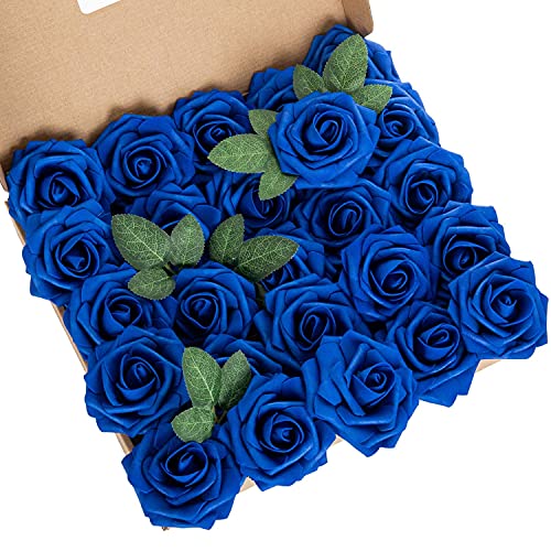 25pcs Artificial Flower Foam Rose Real Touch Roses Flower Heads with Stem for DIY Wedding Bouquets Centerpieces Arrangements Party Baby Shower Home Decor (Royal Blue) - color: Royal Blue