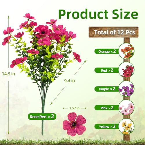 CLEANGOR 12 Pcs Artificial Daisy Flowers for Outdoors (6 Color) | UV Resistant Artificial Outdoor Plants, Fake Daisy with Eucalyptus Leaves, for Spring Summer Garden, Porch, Home Decor - color: Mix1(red+pink+purple+yellow+orange+rose Red)