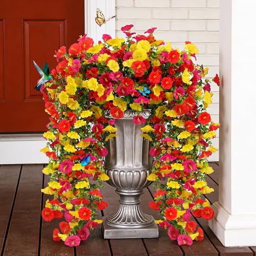 Cascading Fake Hanging Flowers for Outdoors,Realistic Artificial Hanging Plants Yard Decorations,4 Bundles UV Resistant NO Fade Silk Colorful Morning Glory for Outside Garden Planter Front Porch Decor - color: Red Yellow Rose