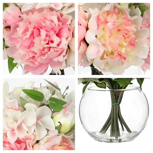 Artificial Flower in Vase, Faux Silk Flowers Arrangement Peony Hydrangea Poppy Eucalyptus Bouquet with Faux Water, Fake Floral Centerpiece for Dining Table Home Decor Wedding Office Shelf - Pink - color: Light Pink