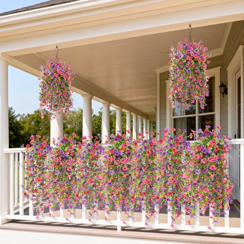 Artificial Hanging Flowers for Outdoors, 2 Pcs Fake Hanging Plant Spring Summer Decoration, UV Resistant No Fade Faux Silk Daisy Flower for Planter Porch Patio Yard Garden Decor(Purple Hot Pink) - color: Purple Hot Pink