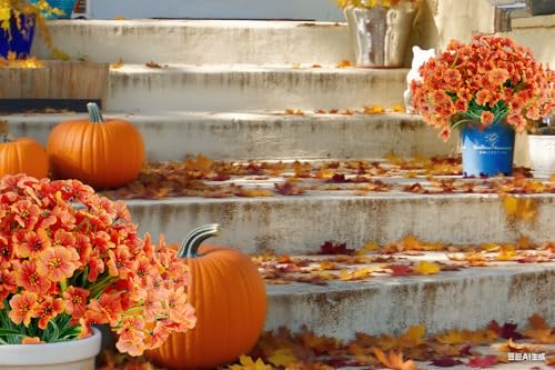 16 Bundles Artificial Mums Flowers for Outdorors, UV Protected No Fade Fall Flower for Porch Display Patio Garden Decor Autumn Thankgiving Halloween Decorations (Orange) - color: C - Orange