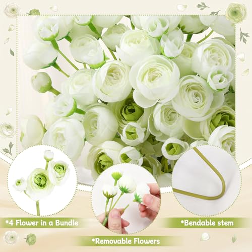 24 PCS Ranunculus Artificial Flowers, Faux Mini Ranunculus Bulk | Realistic Silk Ranunculus Bouquet for DIY Bouquets, Bridal Shower Decorations, Centerpieces, Arrangements, White - color: White
