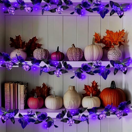 Ochine Halloween Flower Garland Decorations Rose Vines with Purple LED Light, 79 Inch Halloween Red Rose Vine Fake Floral Wall Hanging Ornaments for Halloween Decorations Wedding Home Decor