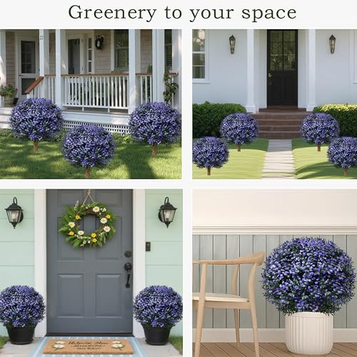 THKFUL Artificial Boxwood Topiary Ball Tree Outdoor Set of 2,Faux Bushes Plants with Spike,Artificial Boxwood Ball Fake Shrubs with Stake UV Resistant for 4th of July Outdoor Planter Garden D17 - style: Purple Boxwood