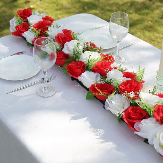 Tableclothsfactory 6 Pack Red Ivory Silk Rose Flower Panel Table Runner, Artificial Floral Arrangements Dining Table Decor - 20"x8"