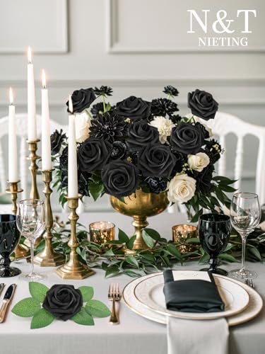 N&T NIETING Artificial Flowers Black Rose 50pcs Real Touch Flowers with Stems Perfect for for DIY Bouquets Wedding Party Baby Shower Home Arrangement Party Tables Decoration - color: Black, size: 50pcs