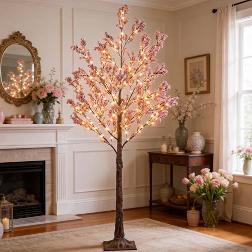 LIGHTSHARE 6FT Lighted Cherry Blossom Tree with 171 LED Warm White Lights, Artificial Sakura Tree with Dimmable Timer Transformer, Indoor Outdoor Decorative Tree with Ground Stakes - style: 6FT Sakura Tree