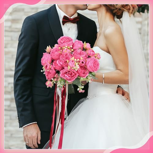 Crowye 4 Bundles Peonies Artificial Flowers Silk Faux Peonies Wedding Artificial Flower Bouquet for Table Centerpiece for Home Wedding Decor Bridal Floral Arrangement(Hot Pink) - color: Hot Pink