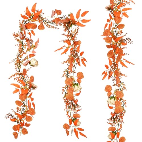 CQURE 2Pack Eucalyptus Garland,Artificial Eucalyptus Leaves Flowers Table Greenery Garland Wreath Vines for Wedding Party Fireplace Bedroom Room Decor - size: 17.7 Ft with Flowers-Orange