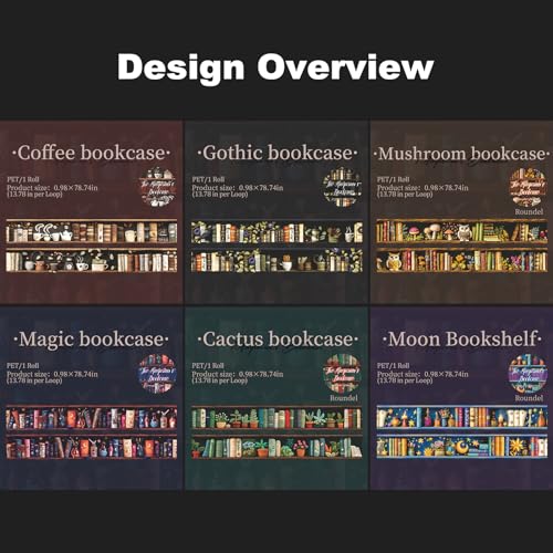 Magician’s Bookcase PET Tapes – 6 Rolls of Fantasy Embroidery-Style Bookcase Designs with Clip, for Scrapbook, Journal, Junk Journal, Planner and DIY Decor - color: Wizard Bookshelf