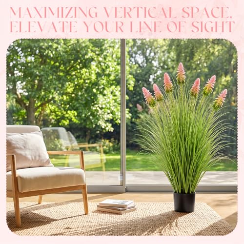 Jexine 2 Pieces 4 ft Artificial Tall Grass Plants Outdoor with Pink Cockscomb Flower Tall Artificial Grass Green Onions Plant Potted for Housewarming Gift House Garden Lobby Outdoor - color: Pink Cockscomb Flower