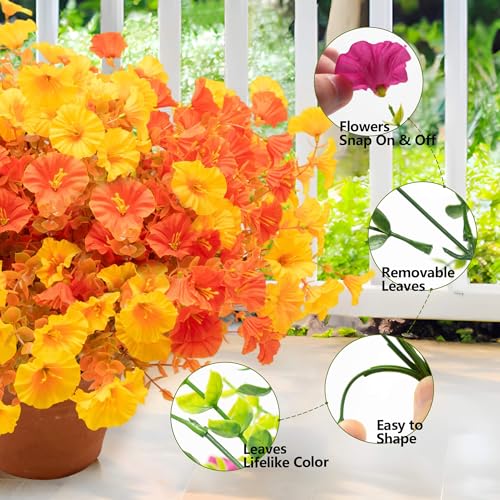 16 Bundles Fall Mums Artificial Flowers for Outdoor Decoration,Realistic Fake Plants Orange Red Petunias, UV Resistant Faux Yellow Silk Flowers for Vase Planter Front door Porch Garden (Autumn) - color: Autumm