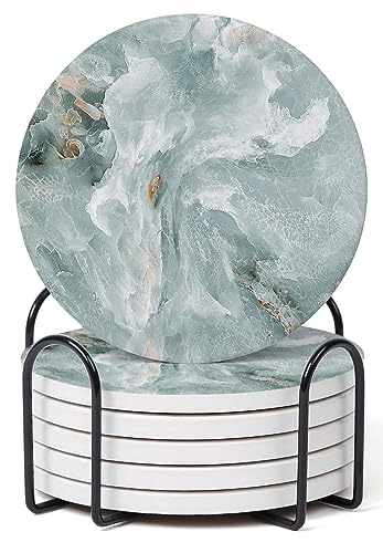 Set of 6 Abstract Marble Coasters with Holder, Absorbent Ceramic Coasters for Drinks, Coasters with Cork Backing for Table Protection, Housewarming Gifts for New Home - color: Abstract Green Marble