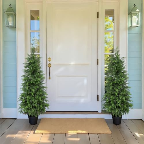 Bellacat 4ft UV Resistant Full Faux Cedar Tree with Soft Real Touch Leaves, 48in Lifelike Topiary Trees Artificial Outdoor, Fake Cypress Tree for Front Door Porch Patio Deck Home Decor, 2Pack - color: Green-2pack, size: 4ft