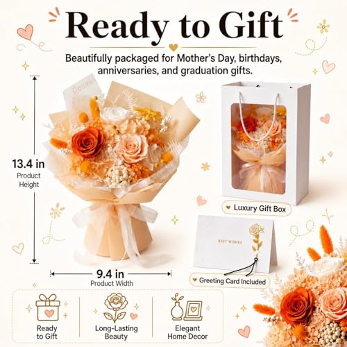 Preserved Champagne Rose Bouquet, 100% Real Flowers for Women Mother Wife, Long-Lasting Eternal Cream Roses with Gift Box, Forever Flowers for Anniversary Birthday Mother's Day, Lasts 3-5 Years - color: Champagne Gold
