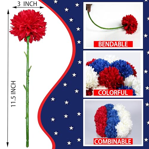 Tinsow 12 pcs Artificial Flower Patriotic Memorial Bouquet Red White and Blue Faux Ball Chrysanthemum Bouquet 4th of July Flowers Silk Flowers Arrangement for Home Party Centerpiece Vase Decor - color: Red, Blue, White