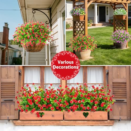 Roberly 24 Bundles Artificial Flowers for Outdoors, UV Resistant Eucalyptus Fake Flowers Shrubs Greenery Plastic Plants for Garden Porch Window Box Farmhouse Indoor Home Decor,Red - color: Red