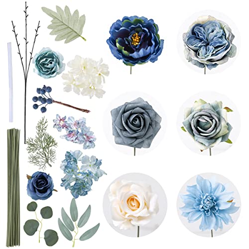 Floweroyal 36 Pcs Artificial Flowers Combo Dusty Blue Flowers Mix Silk Flowers Dahlia Roses with Stems for Wedding Bridal Bouquets, Baby Shower, Floral Arrangement, Table Centerpieces