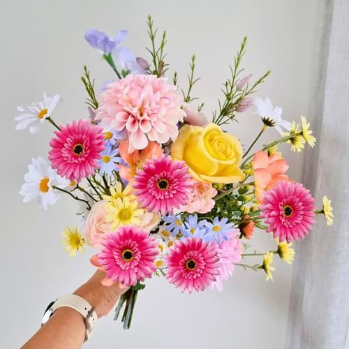 20 Pcs Fake Silk Gerbera Daisy Artificial Flowers with Stems Faux Daisies Flower Bulk for DIY Art Crafts Home Wedding Party Vase Centerpieces Tables Garland Wreath Decoration (Pink) - color: Pink