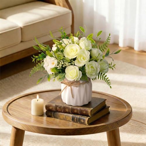 Green Artificial Silk Roses with Ceramic Vase, No Maintenance Faux Flower Arrangement, 6.3 Inch Realistic Table Decor for Home Office Wedding - color: Green