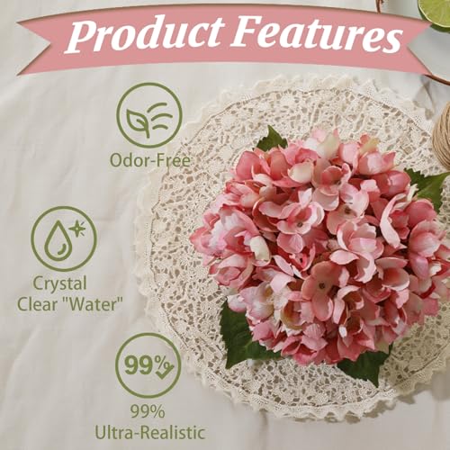 Light Pink Artificial Hydrangea Flowers with Glass Vase, Faux Floral Arrangements with Fake Water, Lifelike Hydrangeas Table Centerpieces for Dining Room, Coffee Table, Bathroom Decor - color: D-light Pink