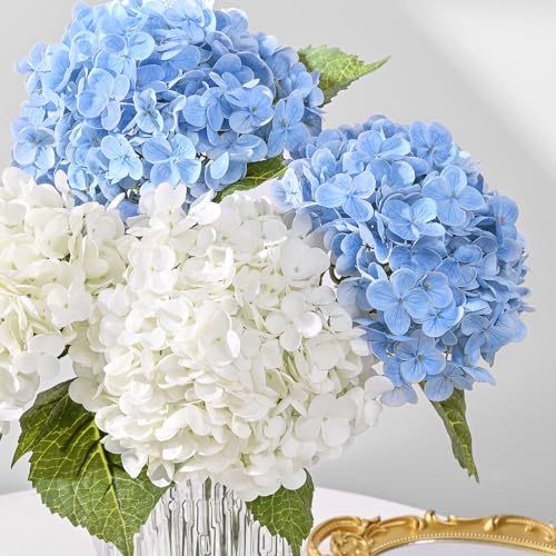 MARTINE MALL 4Pcs 21in Hydrangea Artificial Flowers, Latex Real Touch Hydrangeas Lifelike Large Hydrangea Flowers for Home Decor Party Arrangements Wedding Bouquets Centerpieces (2 White & 2 Blue) - color: White & Blue, size: 4Pcs