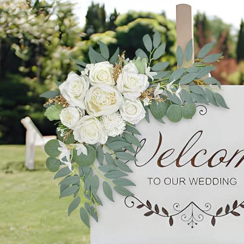Wedding Arch Faux Flowers Set of 2, Wedding Welcome Signs Greenery Garland Decoration for Ceremony, Reception, Backdrop (White) - color: White