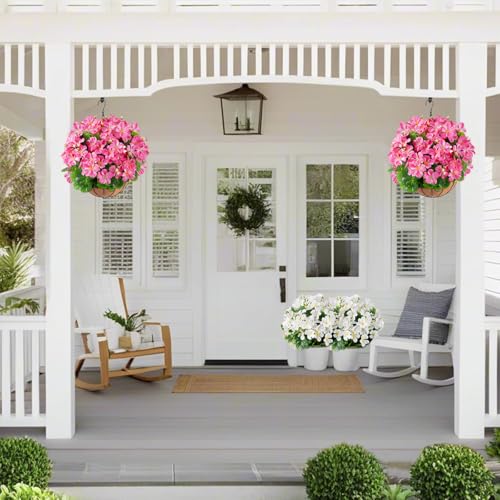Artificial Geranium Flowers in Pot for Outdoors Fake Plants 14 Inch Faux Flowers Spring Summer Decoration for Home Front Door Garden Planter Patio Balcony Yard Indoor Outdoor (Pink) - color: Pink