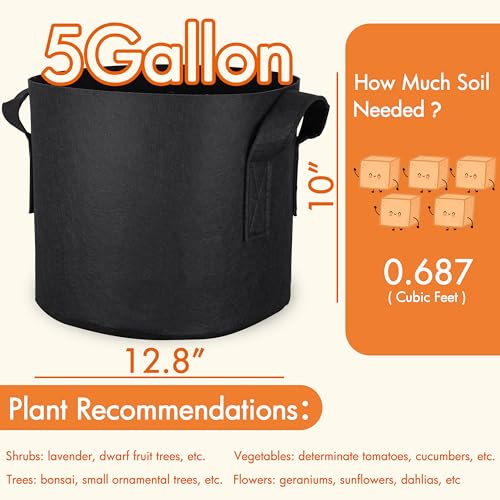 Gardzen 6-Pack 5 Gallon Grow Bags, 300G Thickened Nonwoven Fabric Pots with Handles, Heavy Duty Aeration Plant Bags for Gardening and Container Growing - size: 5 Gallons
