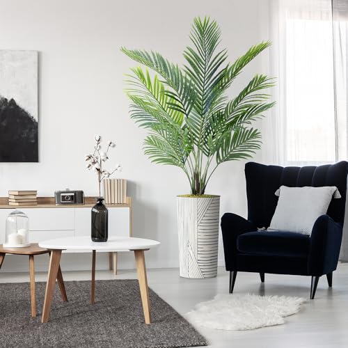 Artificial Tree in Geometric Pattern Planter, Fake Areca Tropical Palm Silk Tree for Indoor and Outdoor Home Decoration - 66" Overall Tall (Plant Pot Plus Tree) - style: Areca Palm Tree