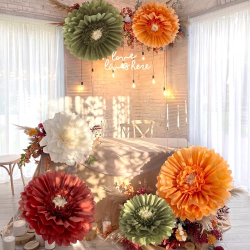 Giegxin 6 Pcs Large Colorful Tissue Paper Flowers Mexican Fiesta Wall Decorations Giant Crepe Paper Flowers for Wedding Birthday Bridal Shower Backdrop Party Decor (31.5",24",Orange,Green,Claret) - color: Orange,Green,Claret, size: 31.5", 24"
