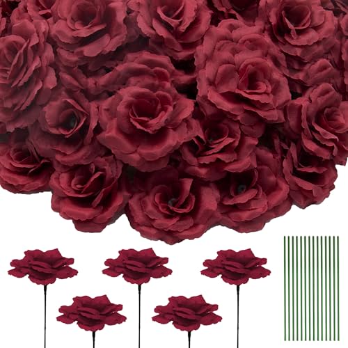 50 Pcs Rose Flower Head, Artificial Flowers Bulk for DIY Crafts, 3in Fake Rose Silk Flower Head wit Stem, Faux Flowers for Decoration, Wedding Home Party Decor Garland Decor (50, Wine Red) - color: Wine Red