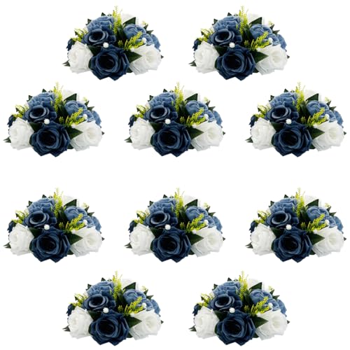 10Pcs Fake Flower Ball Arrangement Bouquet, 9.5" 15 Heads Plastic Roses with Base,Suitable for Parties Valentine's Day Wedding Centerpiece Flower Rack and Home Décor (Dusty Blue & White) - color: Dusty Blue & White