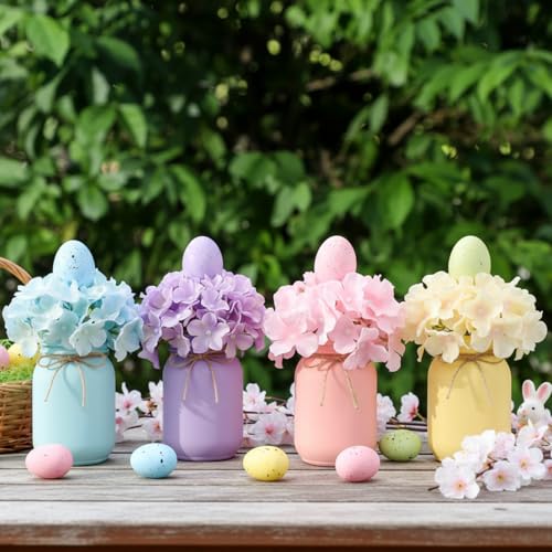 Norme 16 Pcs Easter Table Centerpieces Decorations Include 4 Artificial Flowers 4 Vases 8 Easter Eggs with 20 Bamboo Skewers, Egg Hydrangea Flowers with Vase, Spring Flower Arrangement for Home Decor