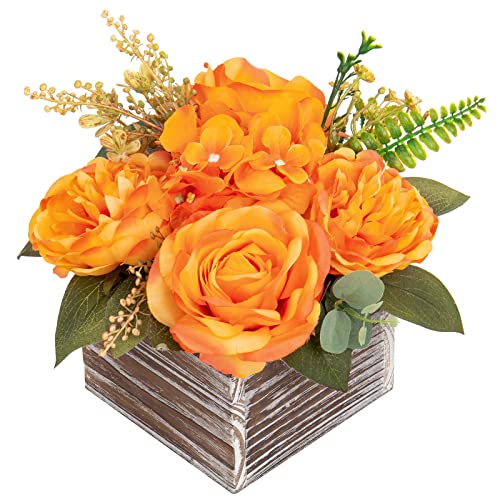 DILATATA Artificial Flower Arrangement, 8'' Orange Roses Peonies Hydrangeas in Wooden Planter, Rustic Fake Flowers in Pot for Home Decor Living Room - 1PC - color: 8"h Vibrant Orange
