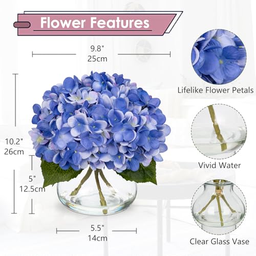 Hollyone Blue Hydrangea Artificial Flowers with Vase Silk Blue Hydrangeas Fake Flowers Arrangements Floral Bulk Bouquet in Glass Vase with Faux Water for Bathroom Table Centerpiece Home Decorations - color: Hydrangea, Slate Blue