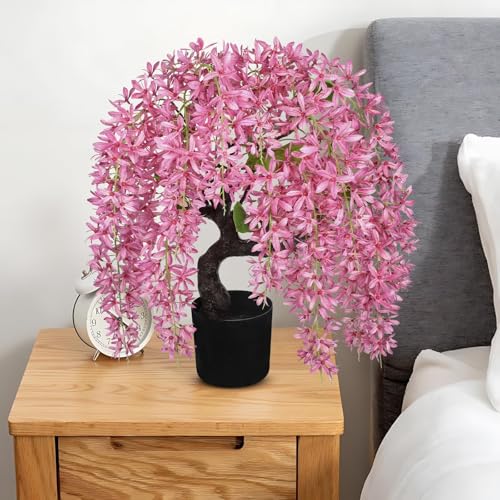 Artificial Flowers 18.5" Tall with Silk Wisteria Pink Flower Arrangement and Realistic Wood Fake Bonsai Tree Plants Faux Plants for Spring Home Bedroom Office Bathroom Coffee Table Centerpiece Decor - color: Pink-18.5
