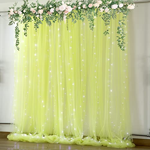 Yellow Tulle Backdrop Curtains with Lights String for Birthday Party Photoshoot 10ft × 8ft Sheer Backdrop Curtains for Baby Shower Wedding Background Decorations 2 Panels 5×8ft - color: Yellow, size: 10 ft X 8 ft(2 Panels 5ft X 8ft)