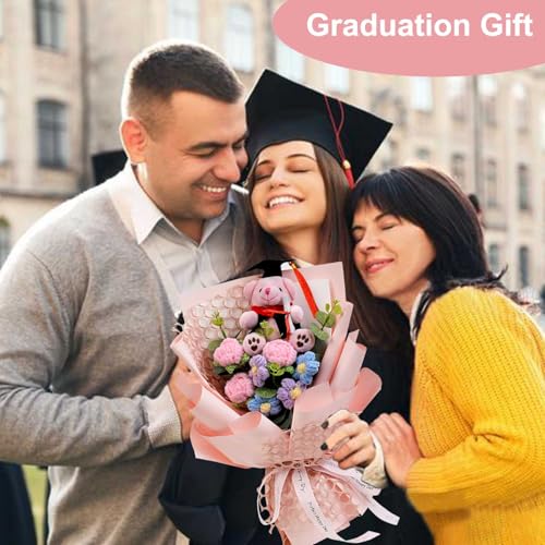 Graduation Gifts Crochet Flowers Bouquet, Handmade Sunflower Rose Bear Graduations Flower Bouquet for Birthday, Teacher Appreciation Gifts, Christmas, Home Décor (Include Card) Pink - color: Pink