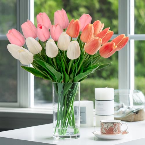 20 Pcs Artificial Tulips Flowers Mixcolor Real Touch Fake Tulips Fake Flowers for Mother's Day 13.5" Faux Tulips Faux Flowers Bulk Artificial Tulips Flowers for Vase Centerpieces Home Wedding Bouquet - color: Mixcolor Style1 #20