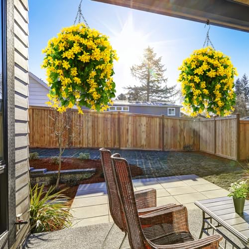 INQCMY Artificial Hanging Flowers in Basket for Patio Garden Decoration,Faux Silk Violet in Planter UV Resistant Realistic for Outside Home Porch Balcony Yard Decor(Yellow) - color: Yellow