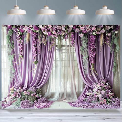 Purple Flower Wall Background Photography Purple Curtains Lavender Butterfly Backdrop for Girls Birthday Bridal Party Decorations Portrait Photo Studio Booth Props